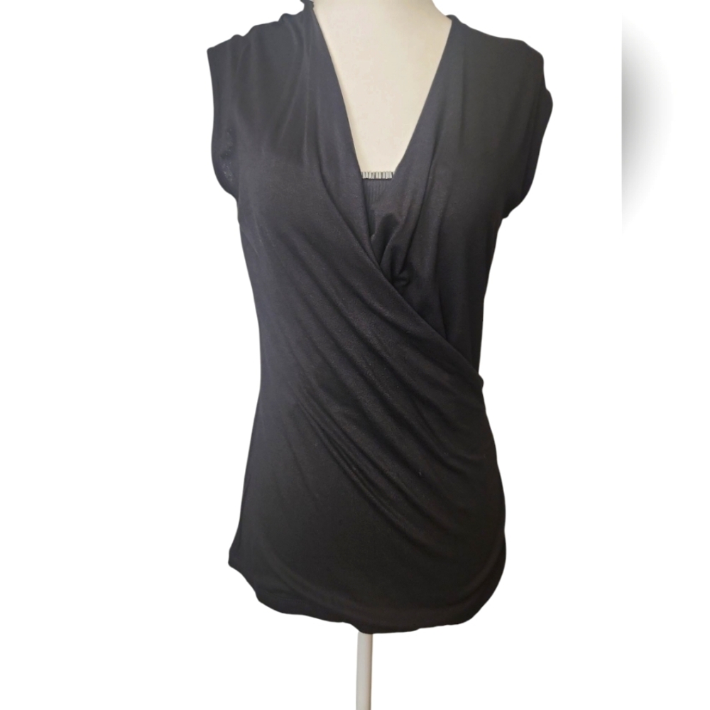 IMAN Women's Black Cap Sleeve Criss-Cross Wrap Neckline Top Size S